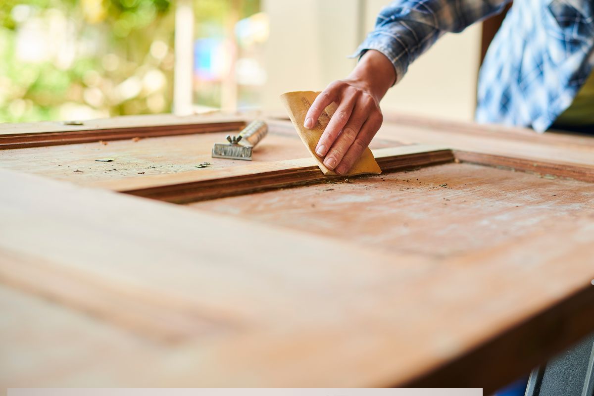 A person sands a wooden door, removing dust and imperfections, with tools visible on the work surface and greenery in the background.